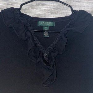 black petite flouncy neck long sleeve t-shirt blouse